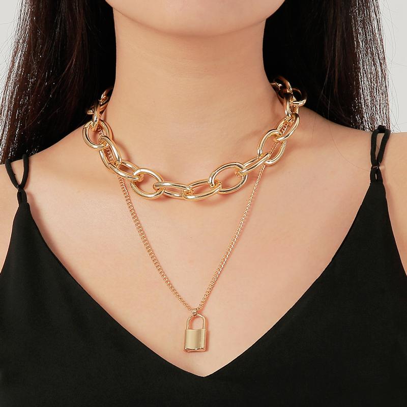

New jewelry punk exaggerated double-layer chain necklace trendy street style retro lock necklace woman fashion jewelry wholesale