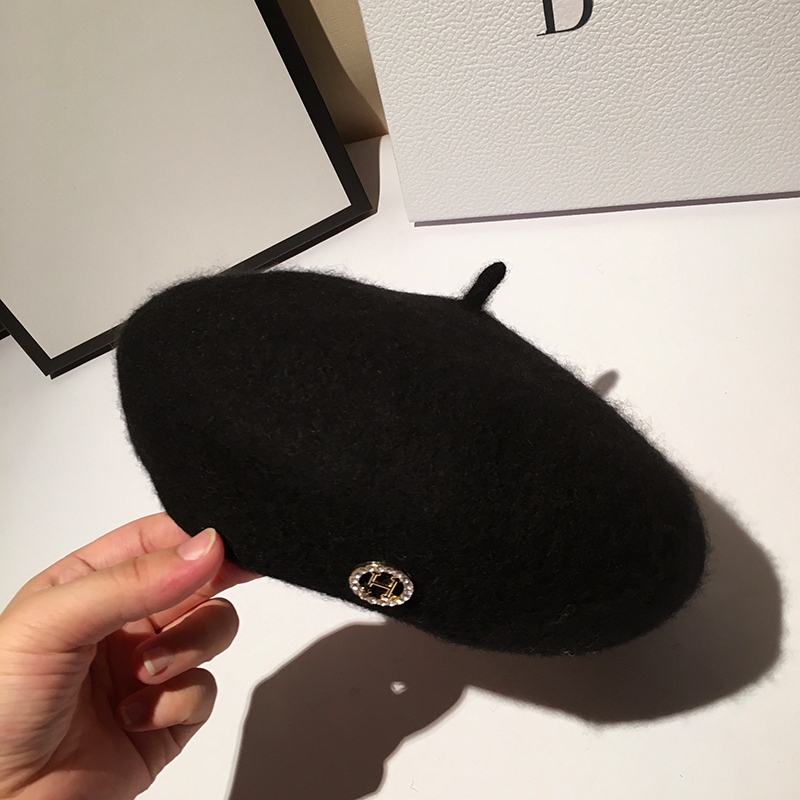 

Winter Woman Wool Hat Fashion Rhinestone H Letter Beret Winter Hats Vintage Male Beret French Hat Black Cap Boina Baret LJ201105, Blue;gray