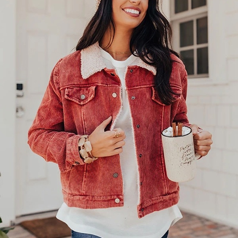 

2021 New Women's Velvet Short Solid Jacket Turn-down Collar Sleeves Full Length Single Pockets Breasted Thicken Lamb Skin Jackets 0NX8, Pink.