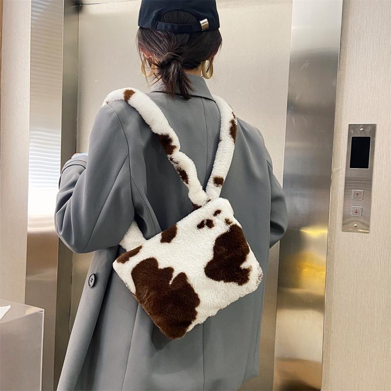 

Ladies Fashion Plush Handbag Women Girl Shipping Armpit Shoulder Bag High Quality Tote Female Cow Printed Shopping bolsa feminin, Black