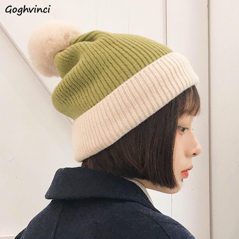 

Beanies Women Patchwork Leisure Chic High Street Knitted Ribbed Autumn Winter Warm Womens Caps Skullies Hat Sweet Teens Ulzzang, Green