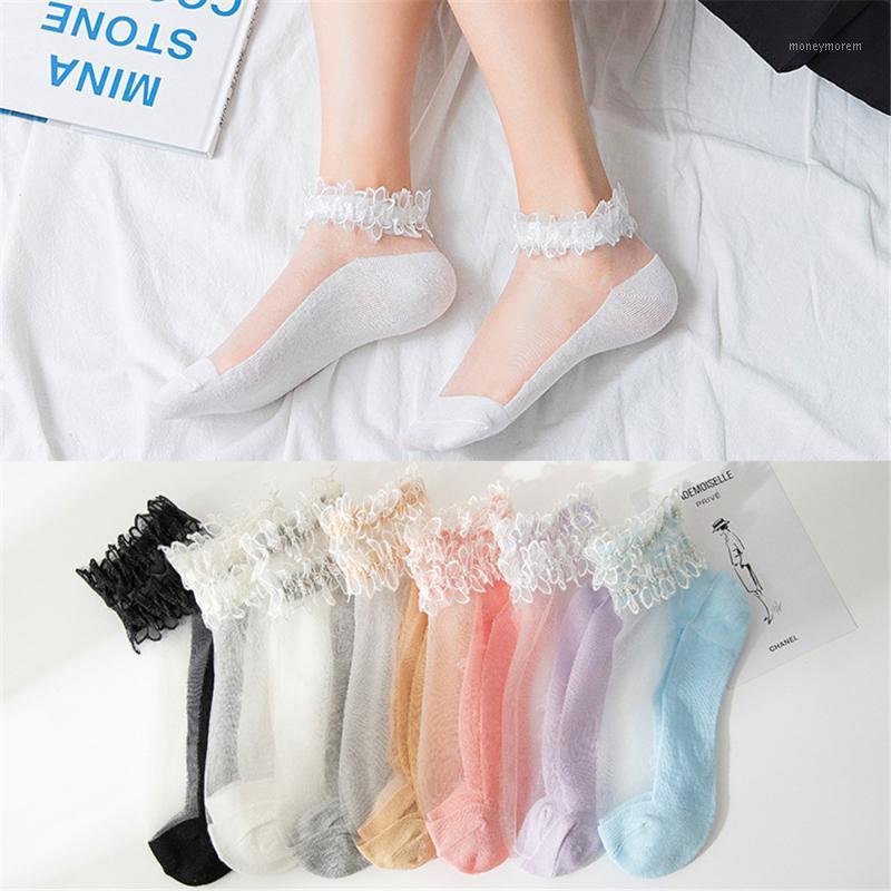 

1 Pair Summer Women Socks Transparent Lace Breathable Ultra Thin Socks Crystal Silk Elastic Cotton Sole Elegant Women Ankle Sock1, Black