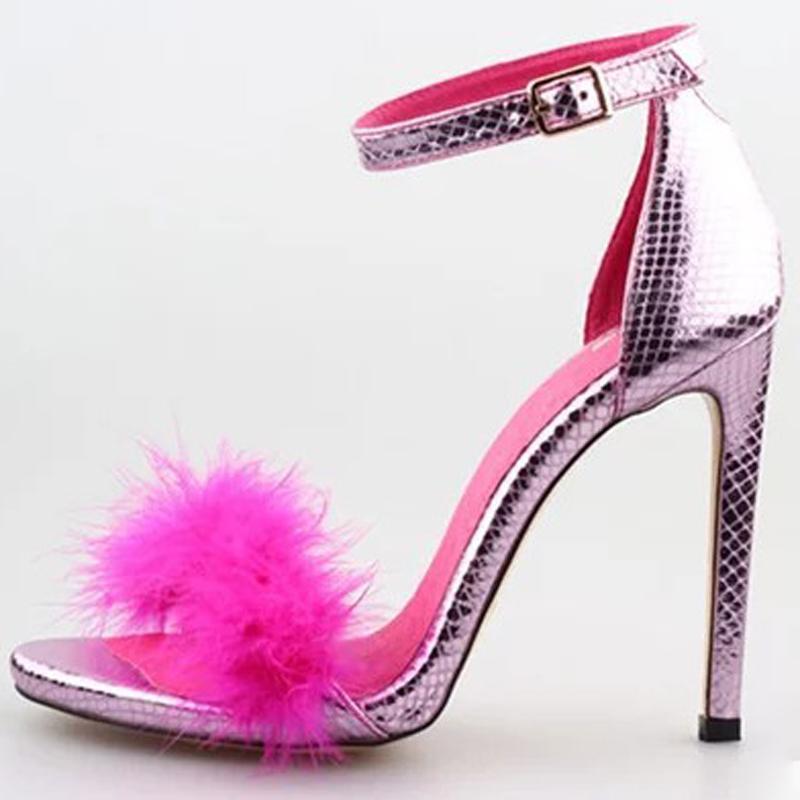 

Pink Real Soft Fur Shiny Bling Leather Dress Gladiator Sandals Women Peep Toe Buckle Strap Wedding Party Shoes Lady Cover Heels1, As pic