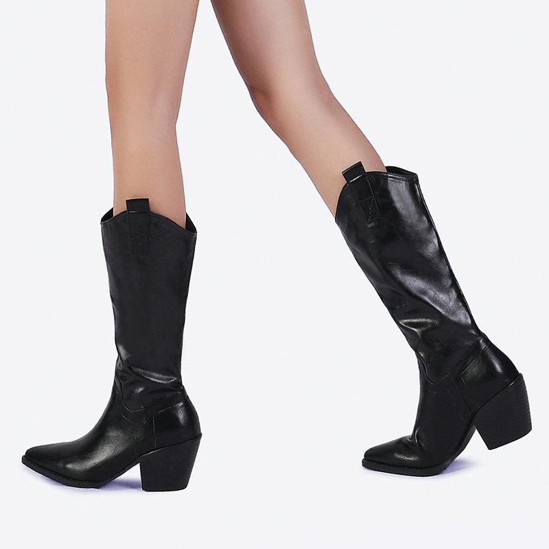 

Fashion Knee High Boots Women Boots Pu Leather Wedges High Heel Long Autumn Western Pointed Toe Winter Female, Black