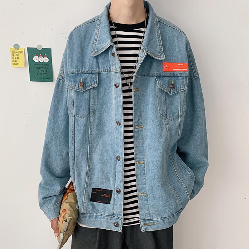 

2021 New Autumn Hong Kong Style Trendy Youth Jackets for Men Casual Single Breasted Turn-down Collar Preppy Style Denim Coat, Black