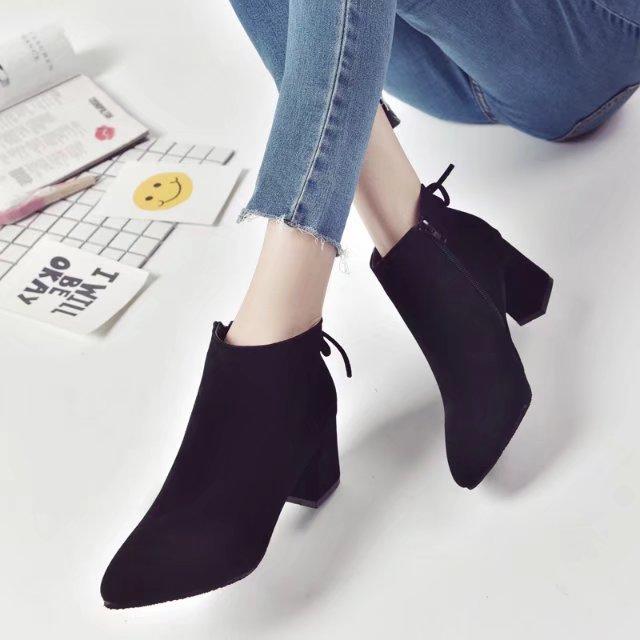 

women's British style pointed high heel thick heel bare boots frosted short tube side zipper short boots women's, See chart