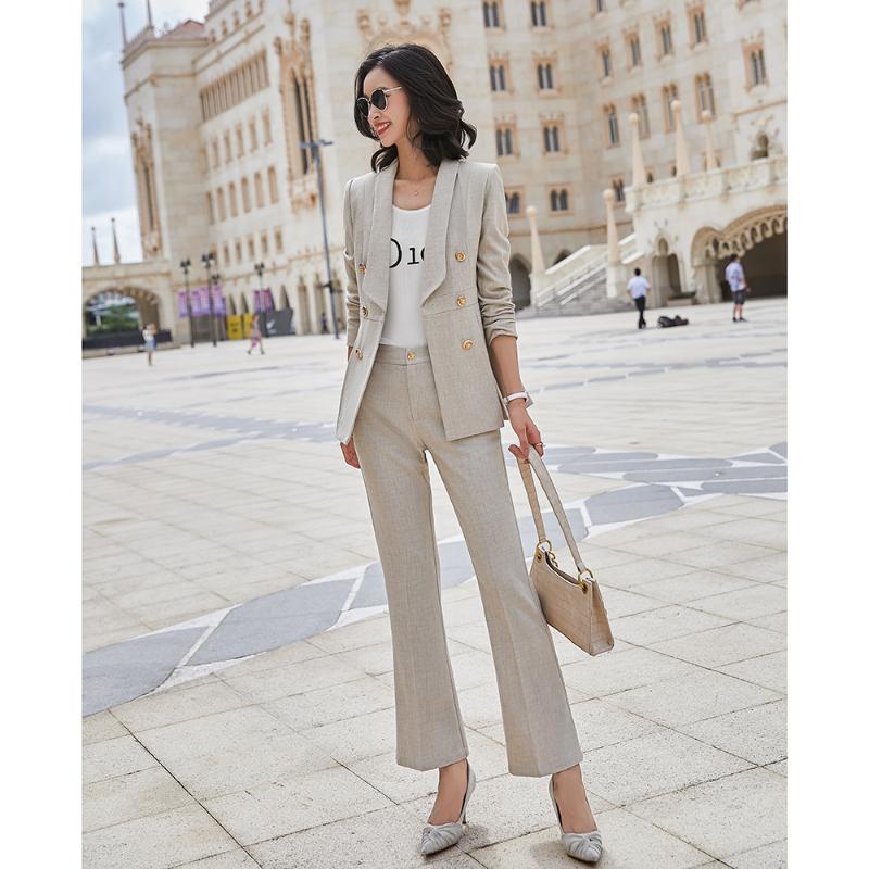 

New Elegant Autumn Pink Double Breasted Ladies Pant Suits Formal Blazer Female Work Wear Jacket Trousers 2 Pieces Set Plus Size, Green pants set