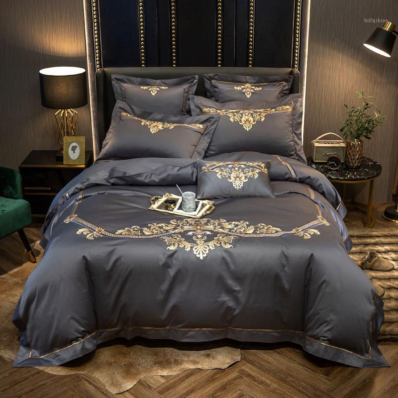 

Luxury embroidery Bedding Set King Queen Size BedLinen 1000TC egyptian Cotton Duvet Cover Bed Sheet Set Pillowcases 4/6pcs1, As pic
