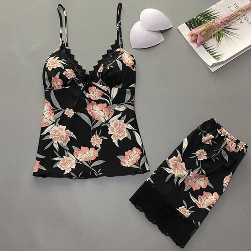 

Women Satin Sleepwear Pyjamas Flower Print Sleeveless Strap Silk Nightwear Lace Satin Cami Top Pajamas Sets Pijama V neck1, Black