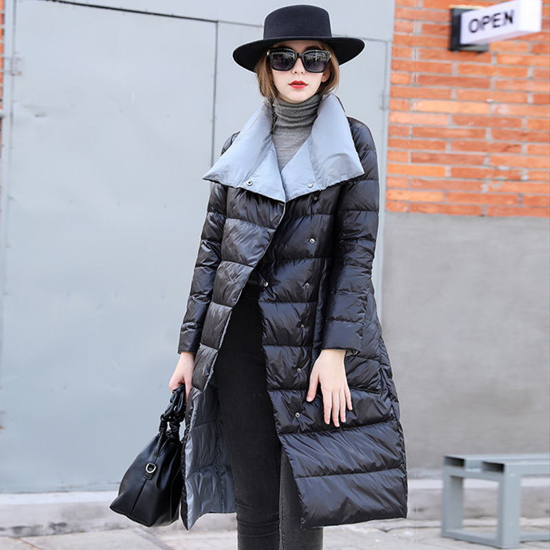 

2021 New Woman Face Long Parka Winter 90% White Down Double Breasted Hot Parkas Female Jacket Outwear YZSA, Light green.