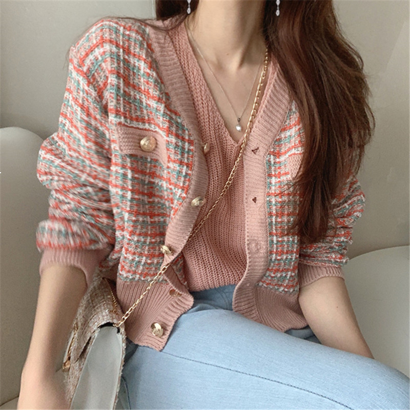 

Female Korean Fashions Chic Retro-color Plaid Shirts with Loose V-tweed Cleavage Knitted or Crocheted Long Sleeve Cardigan Sweet 5P08 VPGW, Pink