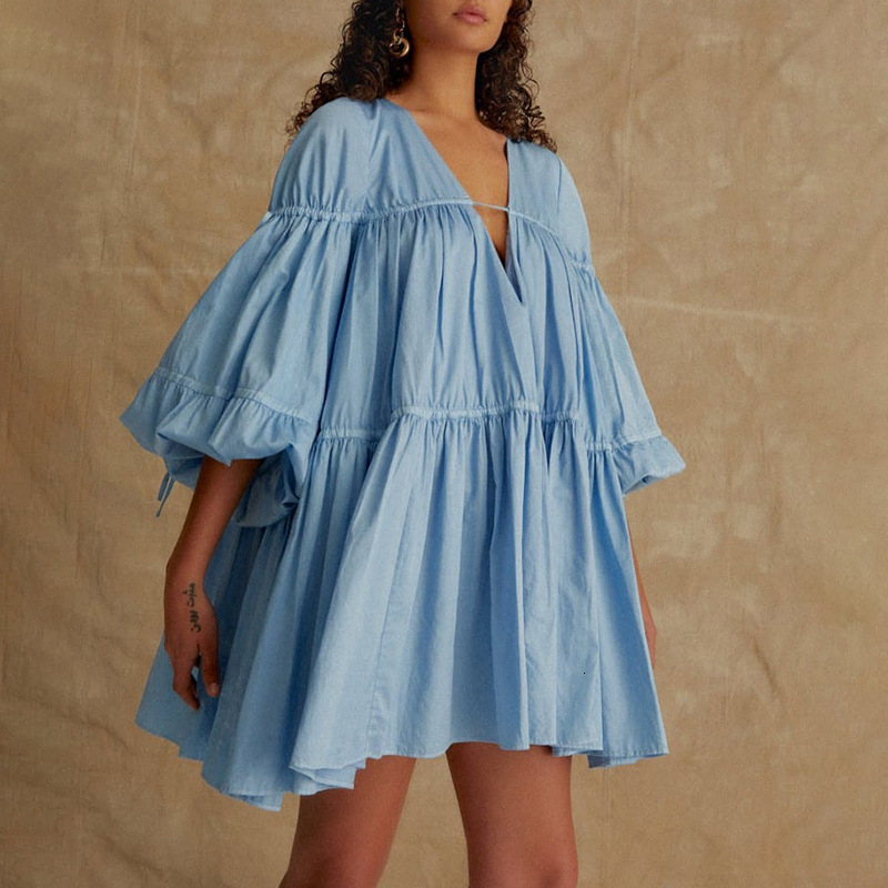 

2021 New Fall Loose Woman Low-cut in Flashlight Pink Vintage Blue Sleeve Casual Fashion Mini Dress Female Runway Design 6sy9