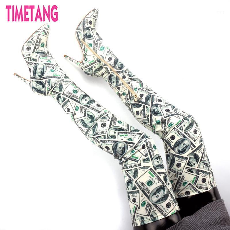 

TIMETANG Fashion New Unique USA Dollars Paint Thigh High Women Long Boots Advanced High Heel Over the Knee Woman Shoes Rich~1, Dollars 10cm