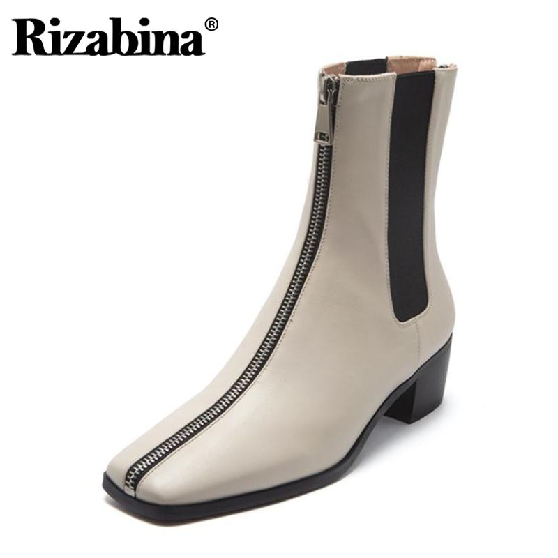 

Rizabina Genuine Leather Women Ankle Boots Fashion Zipper Winter Shoes Woman Square Toe Short Boot Office Footwear Size 34-40, Black