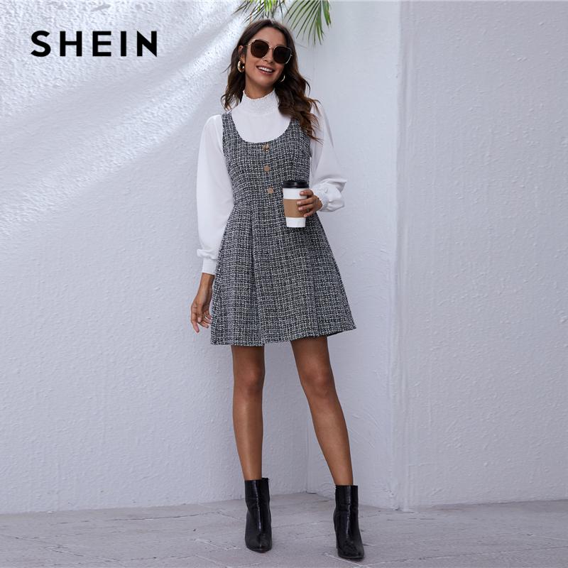 

SHEIN Button Front Tweed Sleeveless Dress Without Blouse Women Winter Scoop Neck Pinafore Elegant Flared Short Dresses, Black and white