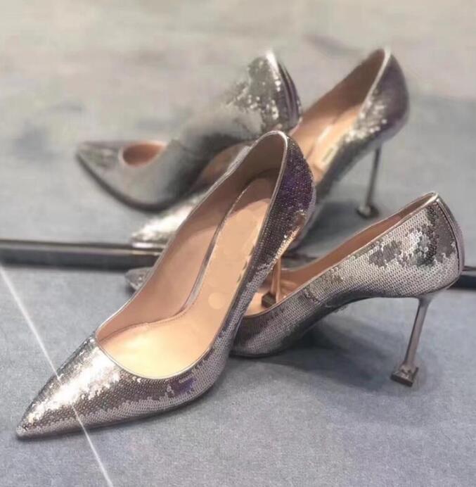 

Carpaton Newest Glitter Embellished High Heel Shoes Woman Pointed Toe Wedding Shoes Elegant Office Lady Heels Silver Gold