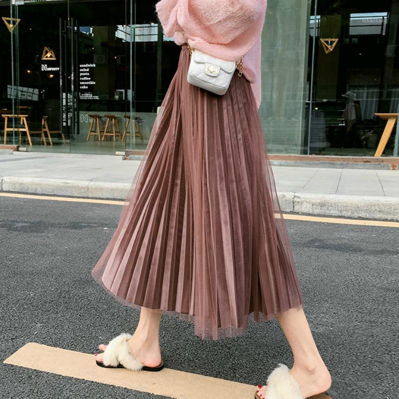 

Velvet Mesh Patchwork Female Autumn/Winter Pleated Skirt Korean Pleuche Tulle skirt Women Skirts1, Ivory