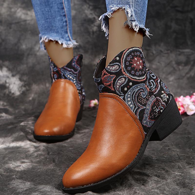 

2020 Women Ankle Boots For Women Autumn Big Size Winter Print Embroidery Pointed Toe PU Leather Shoe Female Comfort Footwear, Black