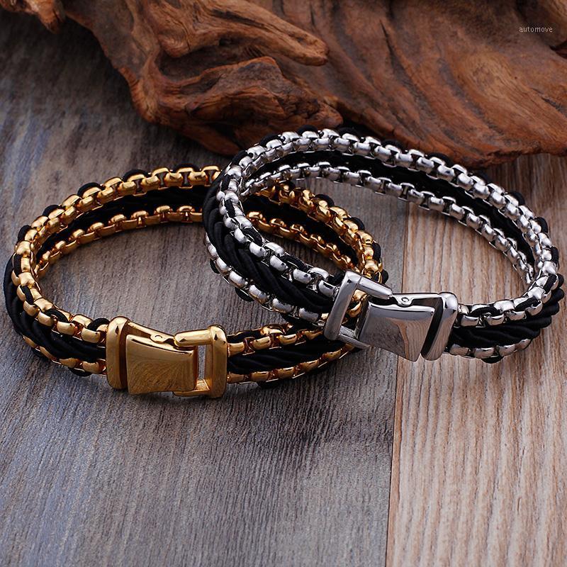 

GNAYY Black Genuine Leather Bracelet Charm Wristband Men's Stainless Steel Gold rolo chain bangle for unisexs 8.66''1