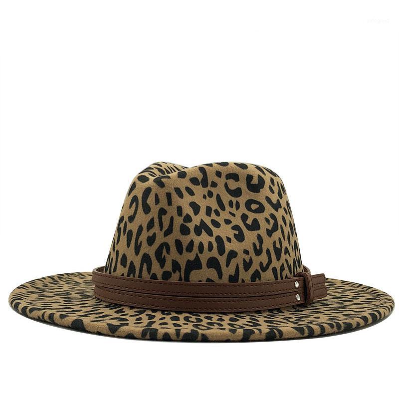 

Wide Brim Hats Unisex Flat Wool Felt Women Jazz Fedora Men Leopard Grain Leather Band Decor Trilby Panama Formal 56-58CM1, Gray
