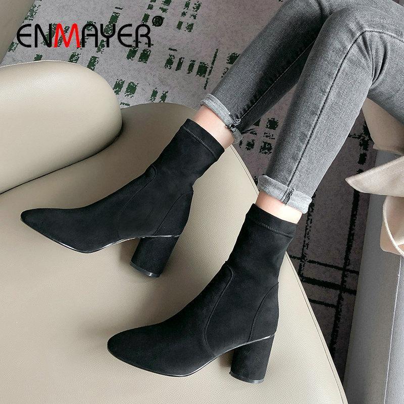 

ENMAYER 2020 Boots Slip-On Square Heel Faux Suede Basic Women Winter Shoes Stretch Fabric High Heel Women Boots 34-351, Beige