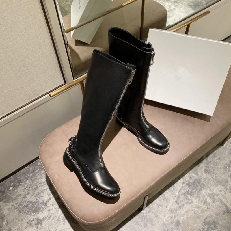 

Mental Chain Women Knee High Boots Fashion Black Genuine Leather Women Long Boots Front Zip Mortorcycyle Lady, As show