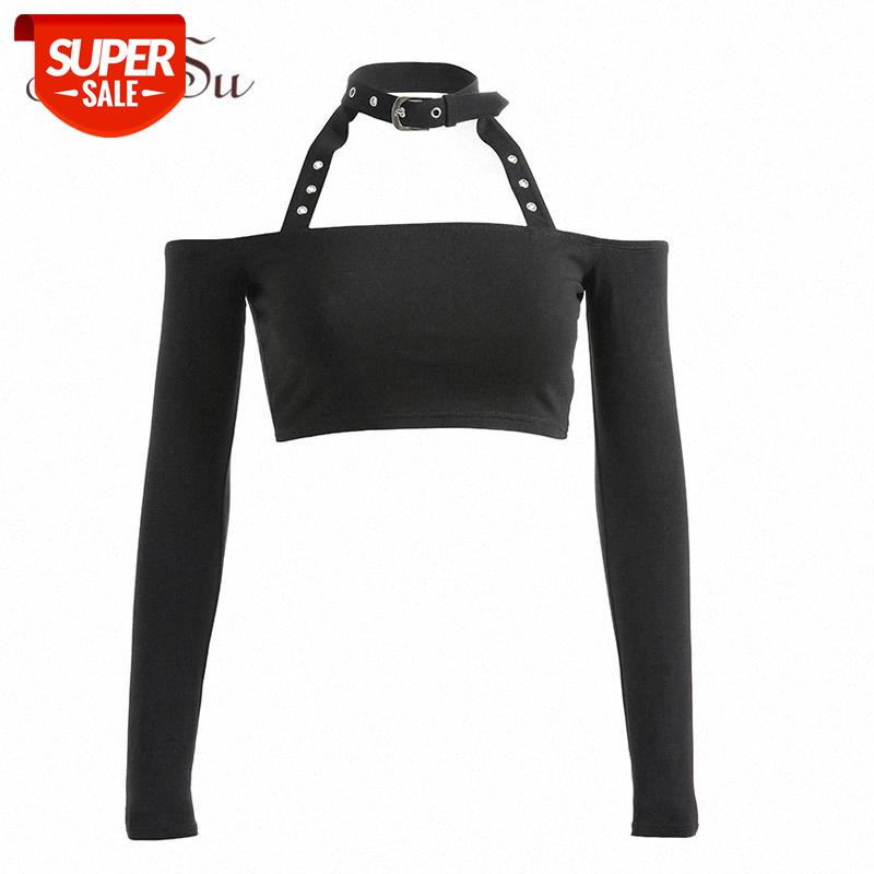 

ArtSu Streetwear Sexy Clubwear Black Tshirt Halter Off the Shoulder Tops For Women Long Sleeve Short T-shirt Punk Rock ASTS20554 #8O1V, White