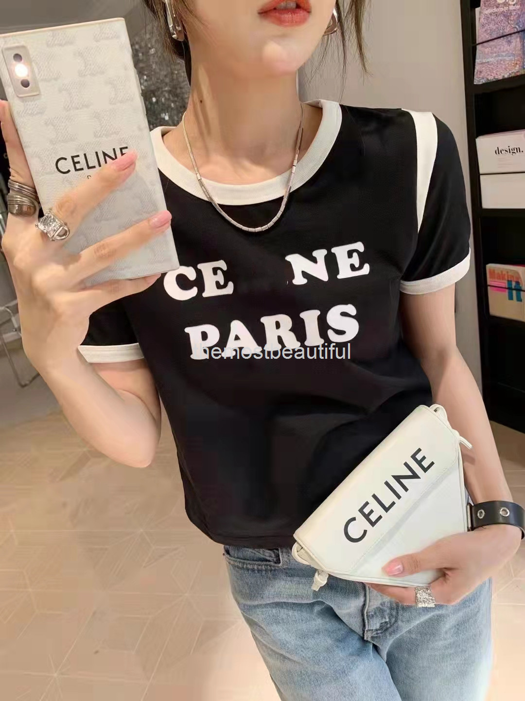 

Women's T-Shirt CE Lin * spring and summer letter printing slim fit cotton short sleeve T-shirt women's top, Black