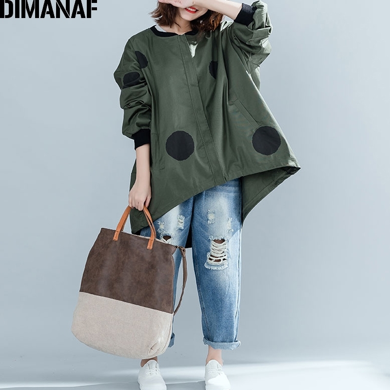 DIMANAF Autumn Winter Women Polka Dot Jacket Coat Big Sizes Cardigan Zipper Female Clothes Loose Oversized Green Outerwear 201029