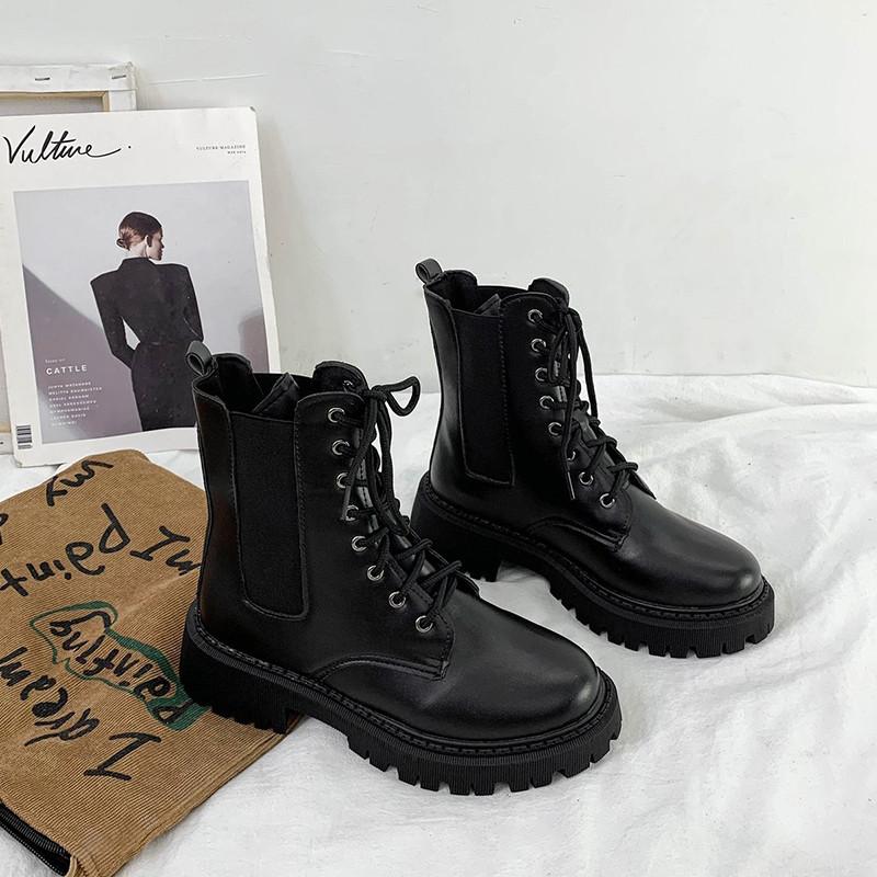 

Boots Women Motorcycle Shoes Platforms Ankle Boots Wedges Female Lace Up Platforms Leather Oxford Shoes Woman High Heels, Black