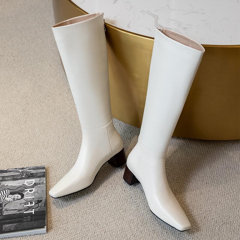 

sexy Genuine Leather Thick high Heels Knee High Boots Shoes Woman Zipper square Toe Wedding Party Women's Boots, Beige