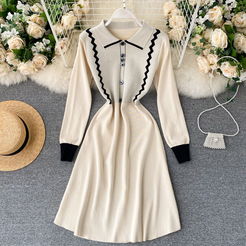 

2021 New female knitted design collar long line to fall elastic fashion streetwear dress 4JI9, Apricot