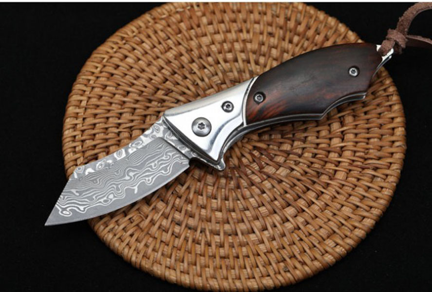

new Damascus folding gift knife damascus blade gift natural acid branch woodebony WOOD EDC tools free shipping total lenght 16.5cm