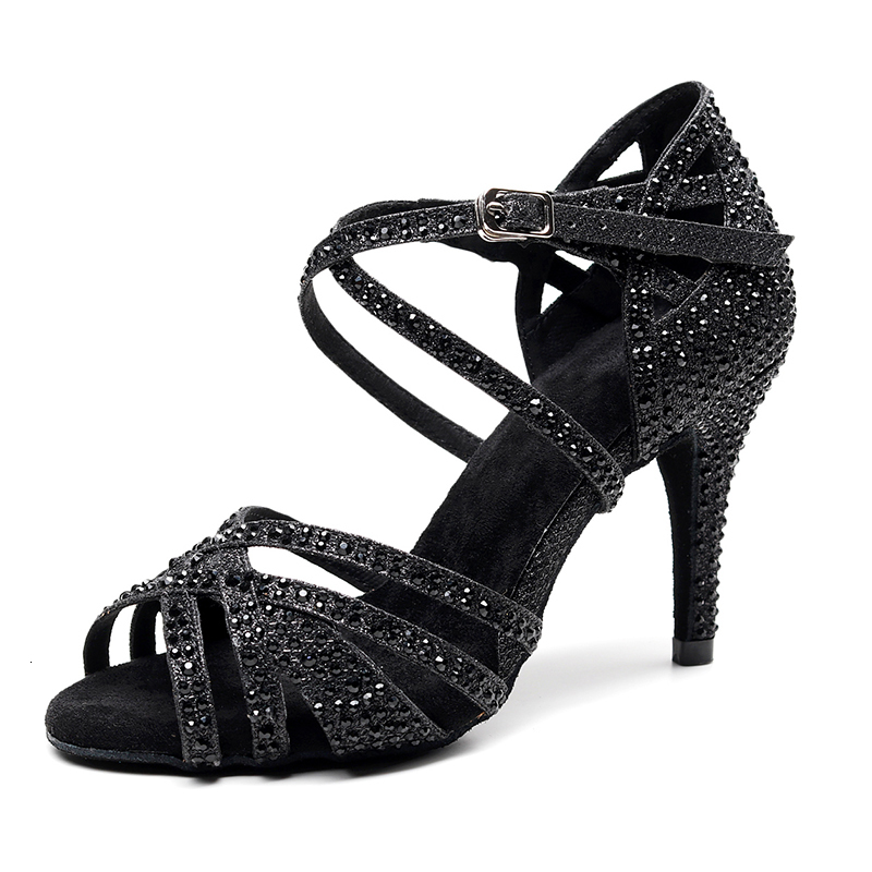 

2021 New Women Rhinestone Latin Dance Black High Heel Ballroom Latino Girls Salsa Dancing Shoes for Party I3rl, Black-7.5cm