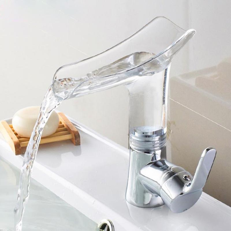 

Luxurious Transparent Tap For Kitchen Bathroom Waterfall Single Handle Sink Mixer Tap Hot Cold Adjustment Copper Valve Faucets