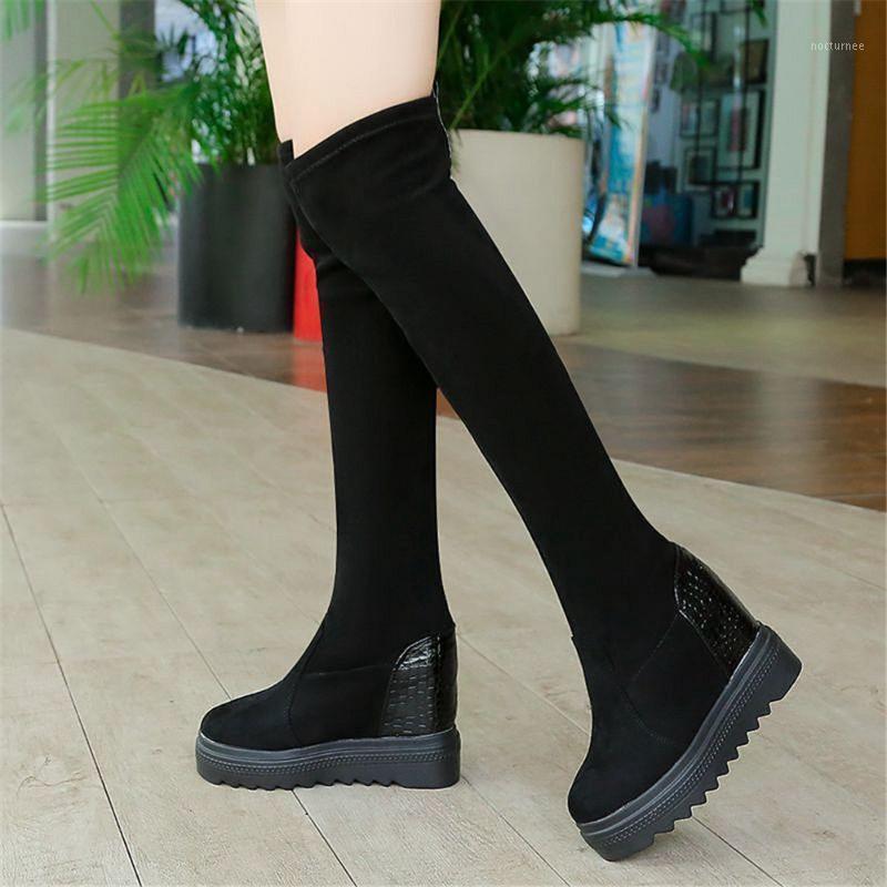 

Long Boots Round Toe Over The Knee Women Boots Autumn Winter Wedge Heel Fashion Casual Women Shoes Flock Stretch Boot Size 34-401, Single boots