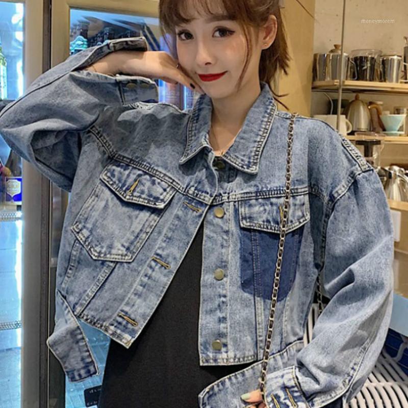 

Short Loose Jacket Women Long Sleeve Blue Jean Ragged Edges Denim Jacket Matching Pockets Cazadora Mujer Coats Jackets EF50WJ1, Image colo