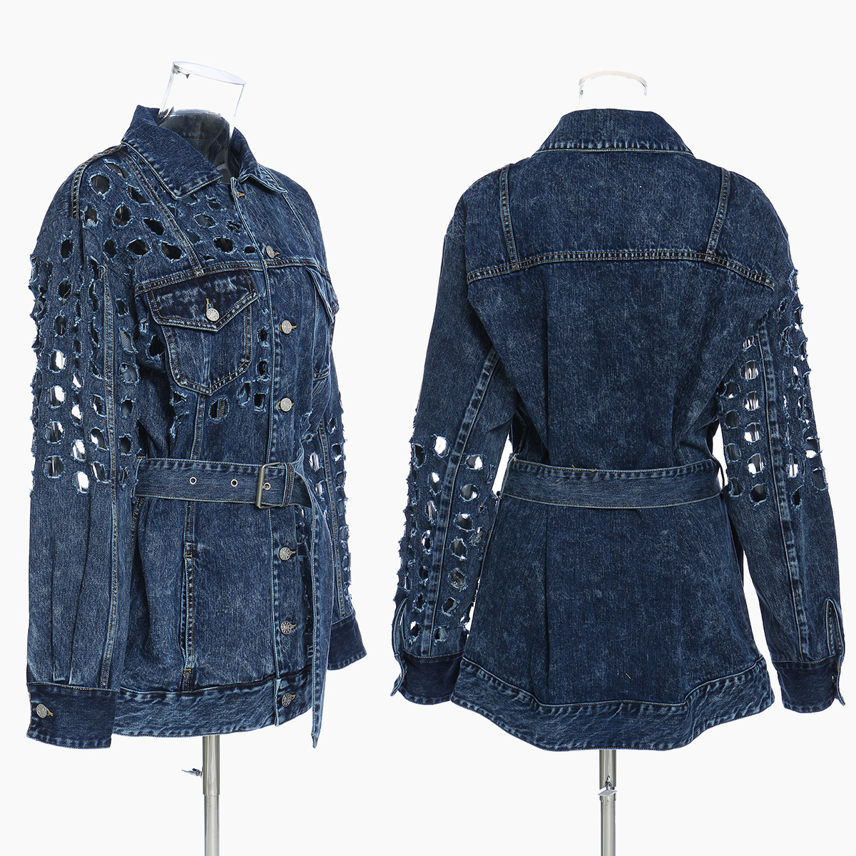 

2021 Autumn Designer Denim Women' Holes Fancy Personality Jacket Bands Girl Coat Banners Vintage Solid Buttons Streetwear Clothes Wfno, White