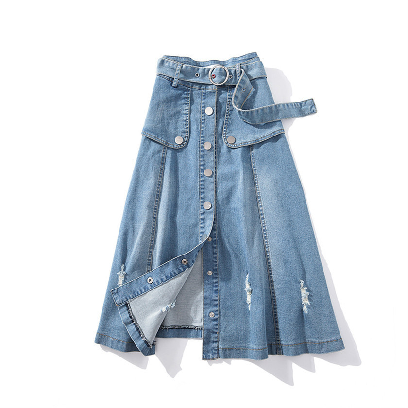 

Yocalor Fashion Women's Ripped Hole Denim Skirt With Belt Patchwork Retro High Waist A-line Jeans Plus Size  Bottom Y200326, Blue skirt with belt