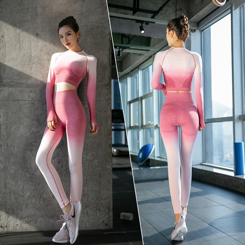 

Gradient Yoga Set Seamless Women Yoga Set Long Sleeve Top High Waist Sport Leggings Gym Clothes Sport Suit Fitness for Women, Green sets