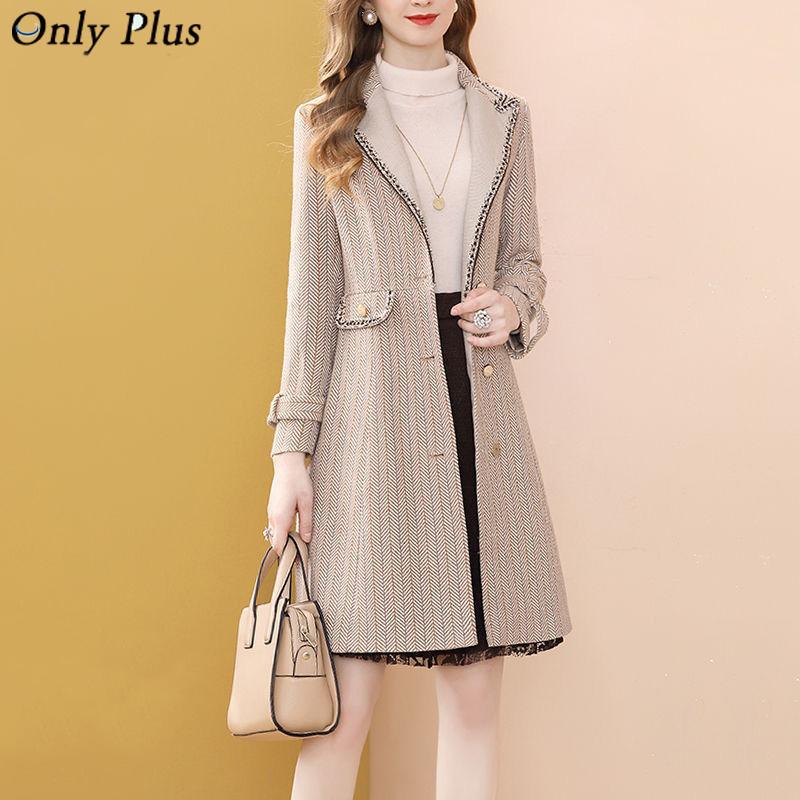 

Only Plus Khaki Tweed Outerwear Long Women Winter Vintage Woolen Single Breasted Slim Type Female Thicker Striped Coat