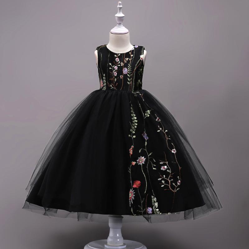 

Lace Wedding Part Flower Embroidery Teenager Girl Party Prom Children Kids Elegant Princess Sleeveless Pageant Formal Dress, Black
