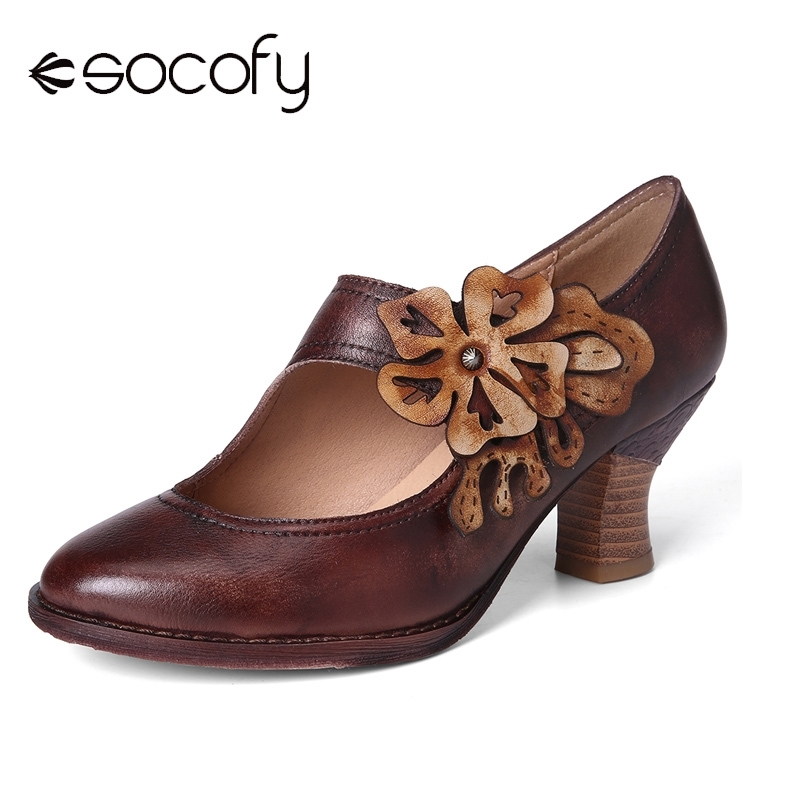 

SOCOFY Retro Boots Autumn Style Withered Floral Genuine Leather Comfy Pumps Elegant Shoes Women Shoes Botas Mujer T200425, Coffee