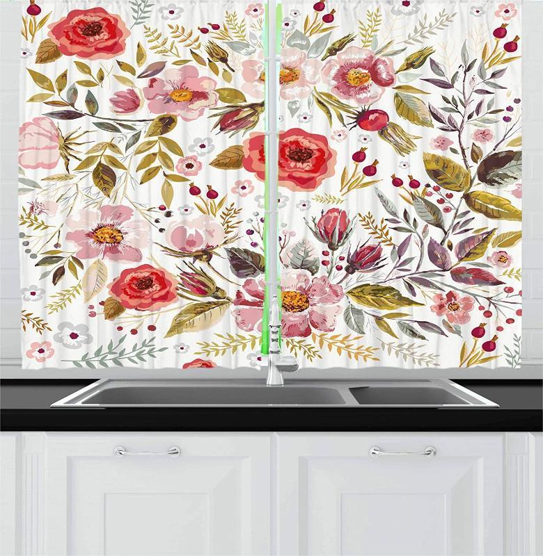 

Vintage Kitchen Curtains Floral Theme Hand Drawn Romantic Flowers and Leaves Illustration Window Drapes for Kitchen Cafe Decor1, As pic