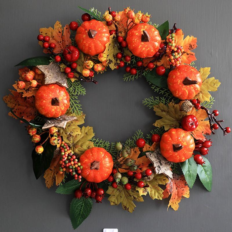 

Halloween Wreath Christmas Autumn Wreath, Autumn Maple, Pumpkin, Pine Cones, Red Berry Decorative Wreath Front Door Garlan, Photo color