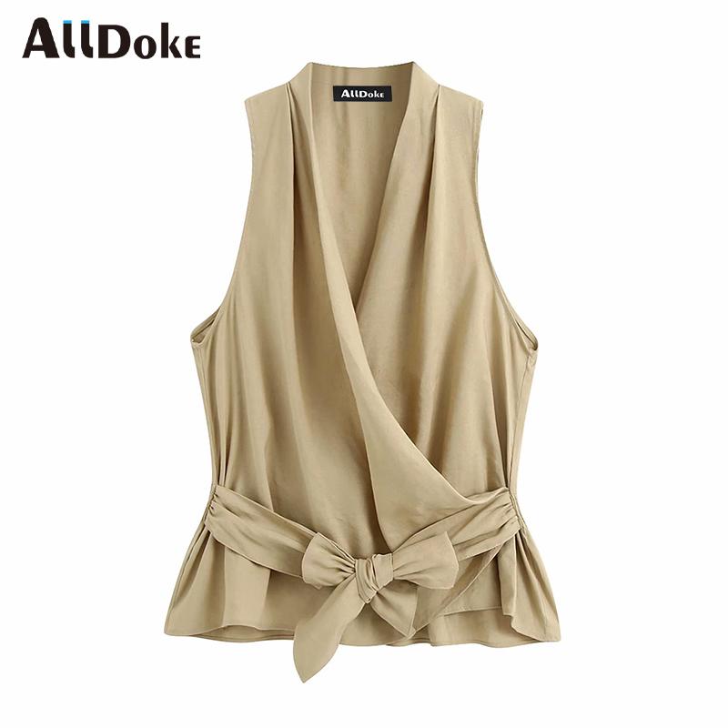 

ALLDOKE khaki casual v neck sleeveless blouse women summer high waist bow tops shirt office ladies blouses blusas femme