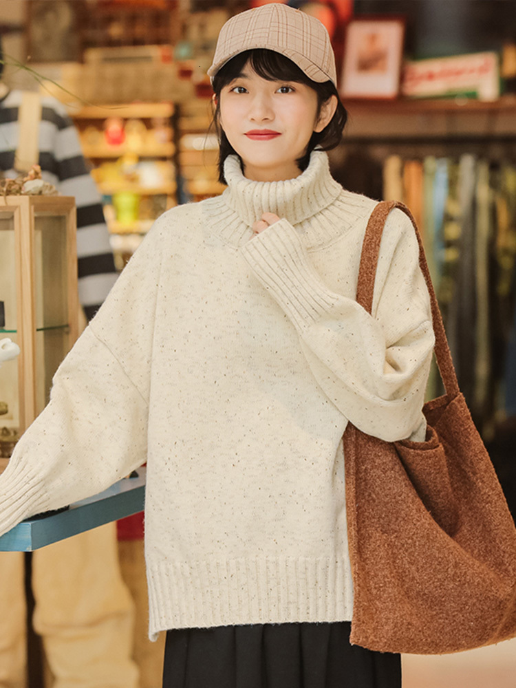 

2021 Thick White Turtleneck Sweater Women New Autumn and Loose Winter Wear Lazy Wind Inside the Undershirt Knitted or Crocheted 13VI, Beige