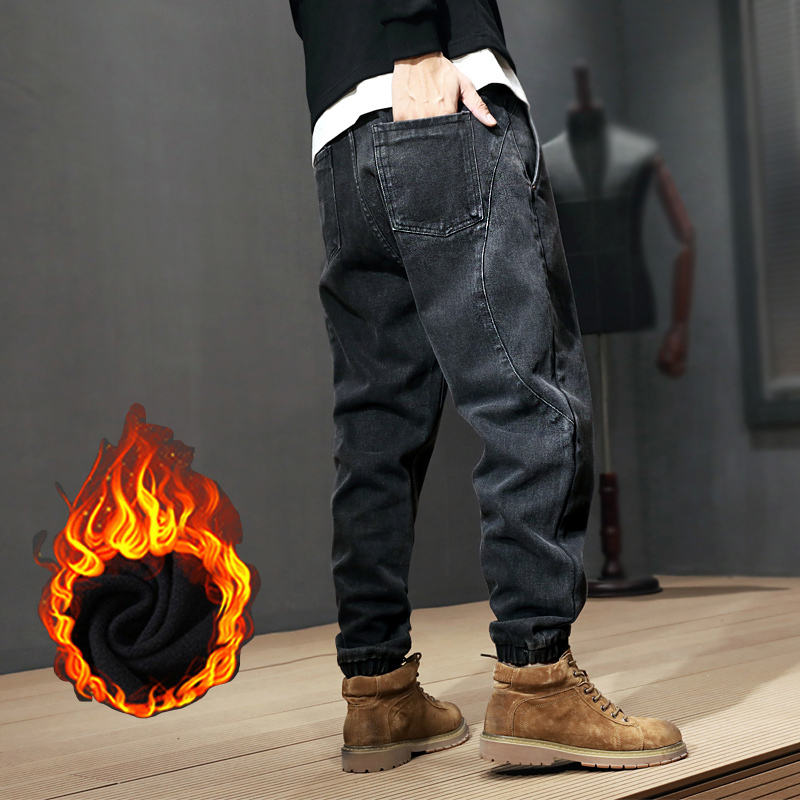 

2021 New Japanese Style Fashion Men Jeans High Quality Spliced Designer Denim Cargo Pants Streetwear Hip Hop Joggers Velvet Warm Trousers 7g, Blue