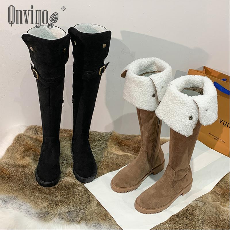

Qnvigo Women's Winter High Boots Lambs Hair Furry Side Zipper Over Knee Stretch Boots Thick Heel Thigh High Snow Women, Black