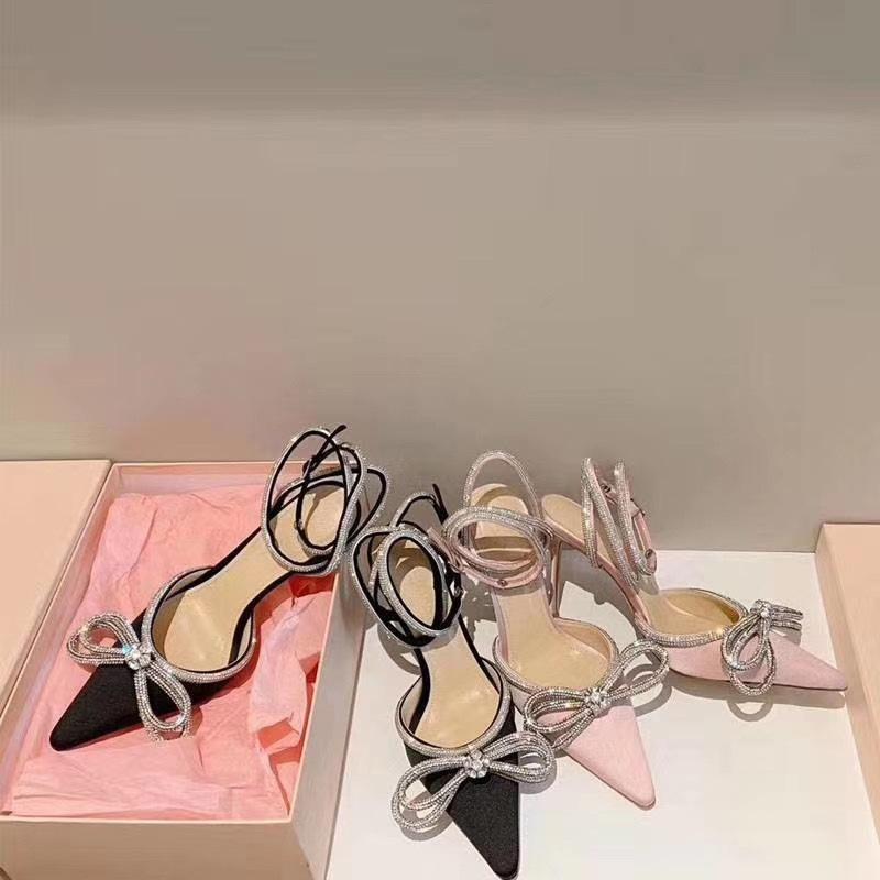 

sandals slim heel pointed bow bow 2021 new bandage high-heeled Rhinestone fashion Satin women's sandals, Black